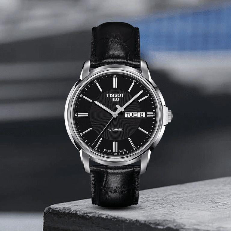 Tissot Automatics III Day Date Black Dial Black Leather Strap Watch For Men - T065.430.16.051.00 Buy Now By Tissot