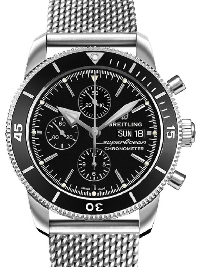 Breitling Superocean Heritage Chronograph 44 Black Dial Silver Mesh Bracelet Watch for Men - A13313121B1A1 Buy Now By Breitling