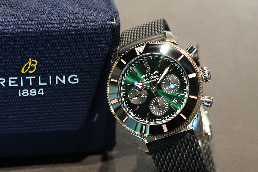 Breitling Superocean Heritage B01 Chronograph 44 Limited Edition Green Dial Black Mesh Bracelet Watch for Women - UB01622A1L1S1 Buy Now By Breitling