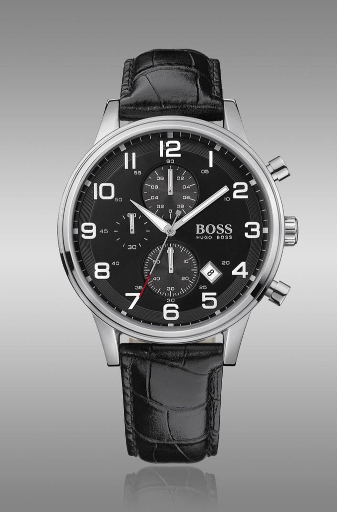 Hugo Boss Aeroliner Chronograph Black Dial Black Leather Strap Watch For Men - 1512448 Buy Now By Hugo Boss
