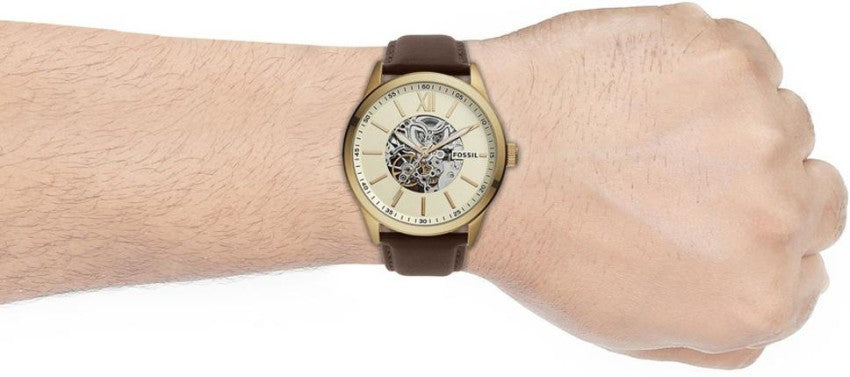 Fossil Flynn Mechanical Skeleton Beige Dial Brown Leather Strap Watch for Men - BQ2215 Buy Now By Fossil
