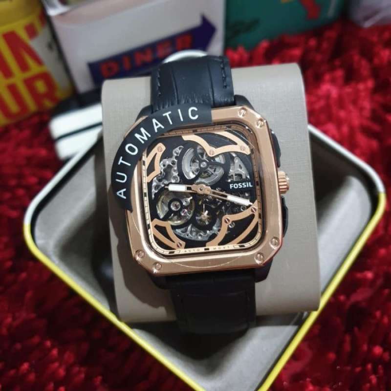 Fossil Inscription Automatic Skeleton Rose Gold Dial Black Leather Strap Watch for Men - BQ2572 Buy Now By Fossil
