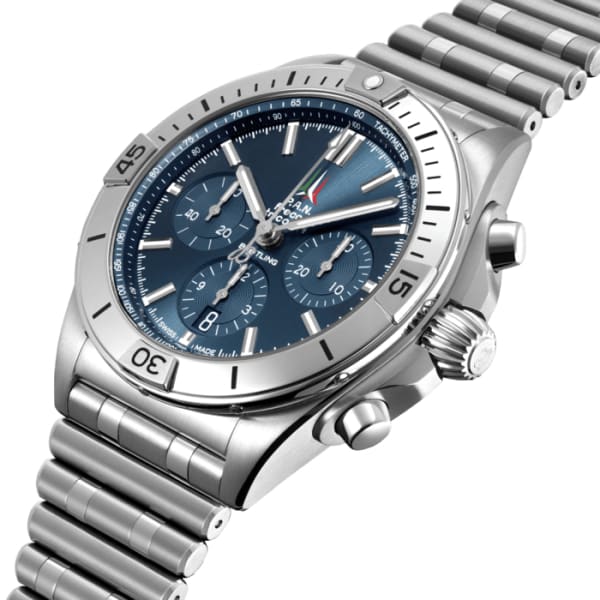 Breitling Chronomat B01 42 Frecce Tricolori Blue Dial Silver Steel Strap Watch for Men - AB01344A1C1A1 Buy Now By Breitling