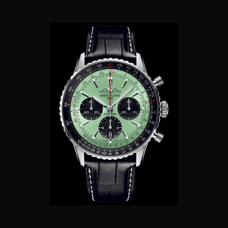Breitling Navitimer B01 Chronograph 43 Green Dial Black Leather Strap Watch for Men - AB0138241L1P1 Buy Now By Breitling