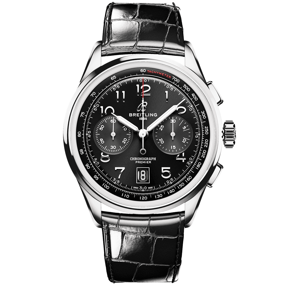 Breitling Premier B01 Chronograph 42 Black Dial Black Leather Strap Watch for Men - AB0145221B1P1 Buy Now By Breitling