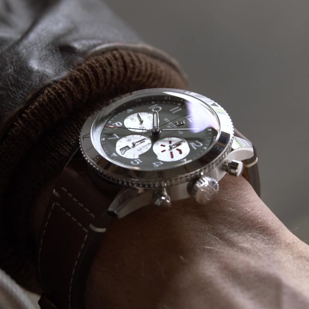 Breitling Super Avi B04 Chronograph GMT 46 Curtiss Warhawk Green Dial Brown Leather Strap Watch for Men - AB04452A1L1X1 Buy Now By Breitling