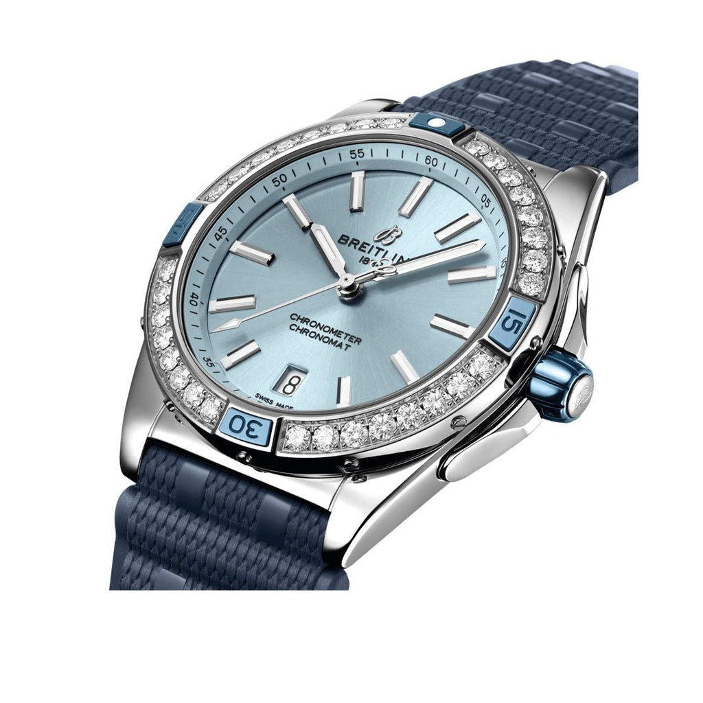 Breitling Super Chronomat Automatic 38 Diamonds Blue Dial Blue Rubber Strap Watch for Women - A17356531C1S1 Buy Now By Breitling