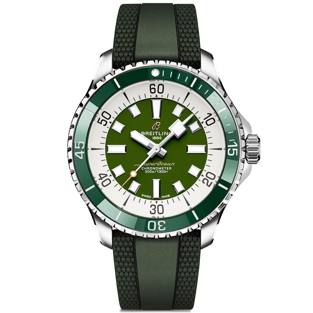 Breitling Superocean Automatic 44 Green Dial Green Rubber Strap Watch for Men - A17376A31L1S1 Buy Now By Breitling
