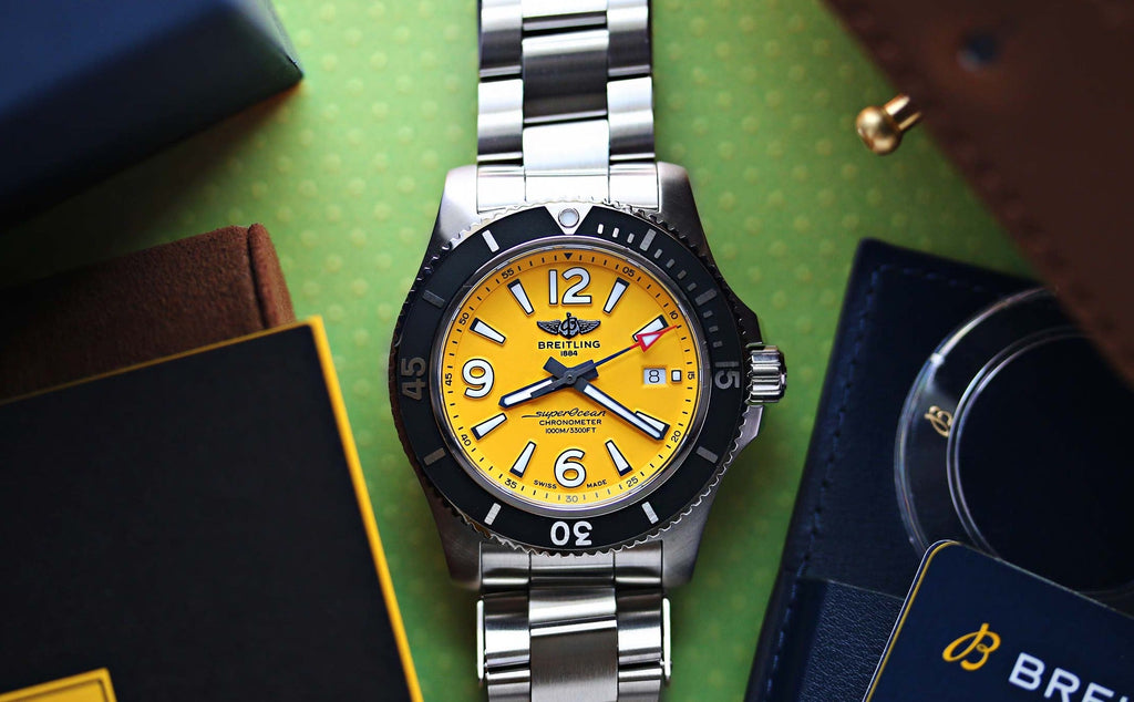 Breitling Superocean II Automatic 44mm Yellow Dial Silver Steel Strap Watch for Men - A17367021I1A1 Buy Now By Breitling