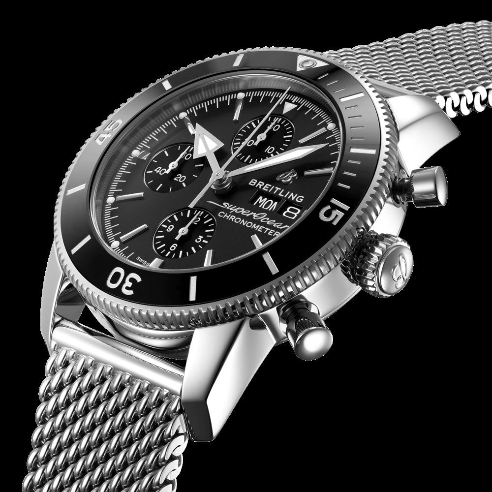 Breitling Superocean Heritage Chronograph 44 Black Dial Silver Mesh Bracelet Watch for Men - A13313121B1A1