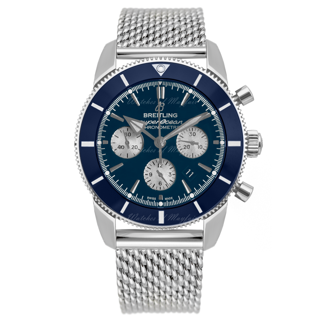 Breitling Superocean Heritage B01 Chronograph 44 Blue Dial Silver Mesh Bracelet Watch for Men - AB0162161C1A1 Buy Now By Breitling