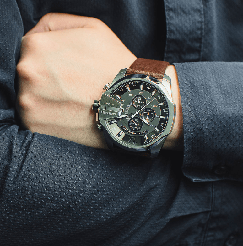 Diesel Mega Chief Chronograph Black Dial Brown Leather Strap Watch For Men - DZ4290 Buy Now By Diesel