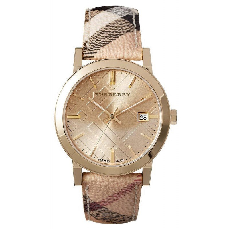 Burberry The City Gold Dial Haymarket Brown Leather Strap Watch for Women - BU9026 Buy Now By Burberry