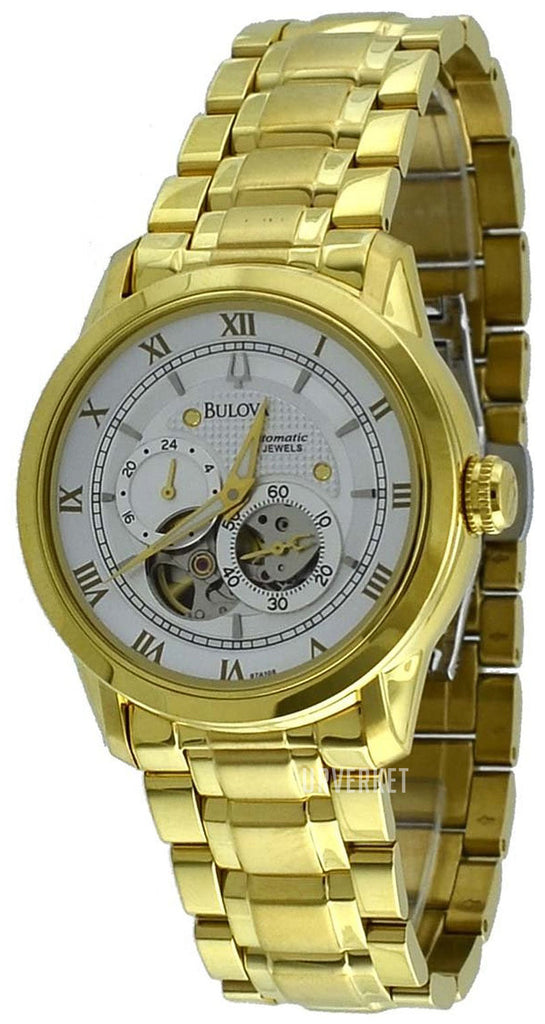 Bulova BVA Skeleton Silver Dial Gold Steel Strap Watch for Men - 97A108 Buy Now By Bulova