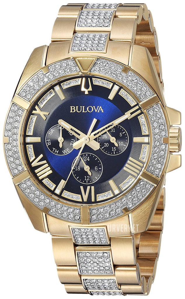 Bulova Crystal Collection Blue Dial Gold Steel Strap Watch for Men - 98C128 Buy Now By Bulova