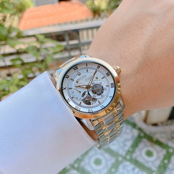 Bulova BVA Skeleton Silver Dial Two Tone Steel Strap Watch for Men - 98A230 Buy Now By Bulova