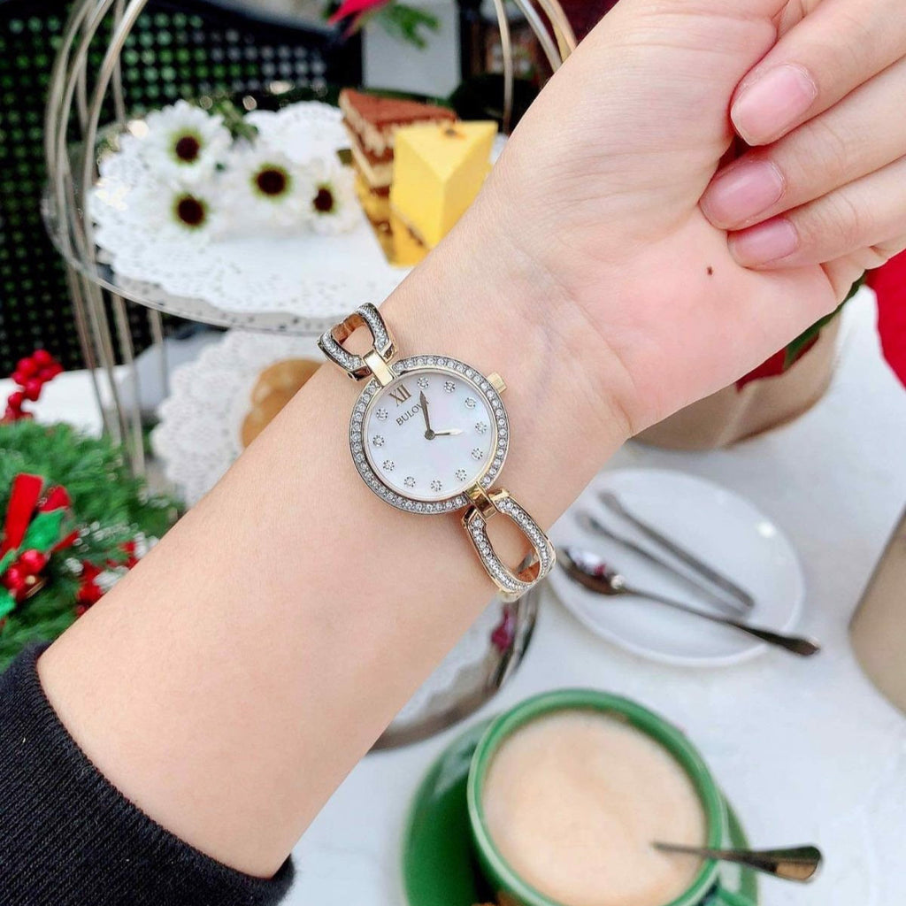 Bulova Crystal Collection Mother of Pearl Dial Gold Steel Strap Watch for Women - 98L225 Buy Now By Bulova