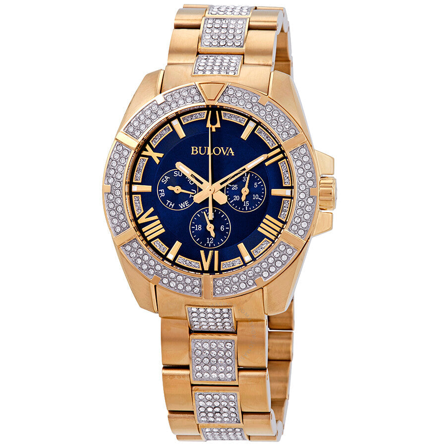 Bulova Crystal Collection Blue Dial Gold Steel Strap Watch for Men - 98C128 Buy Now By Bulova