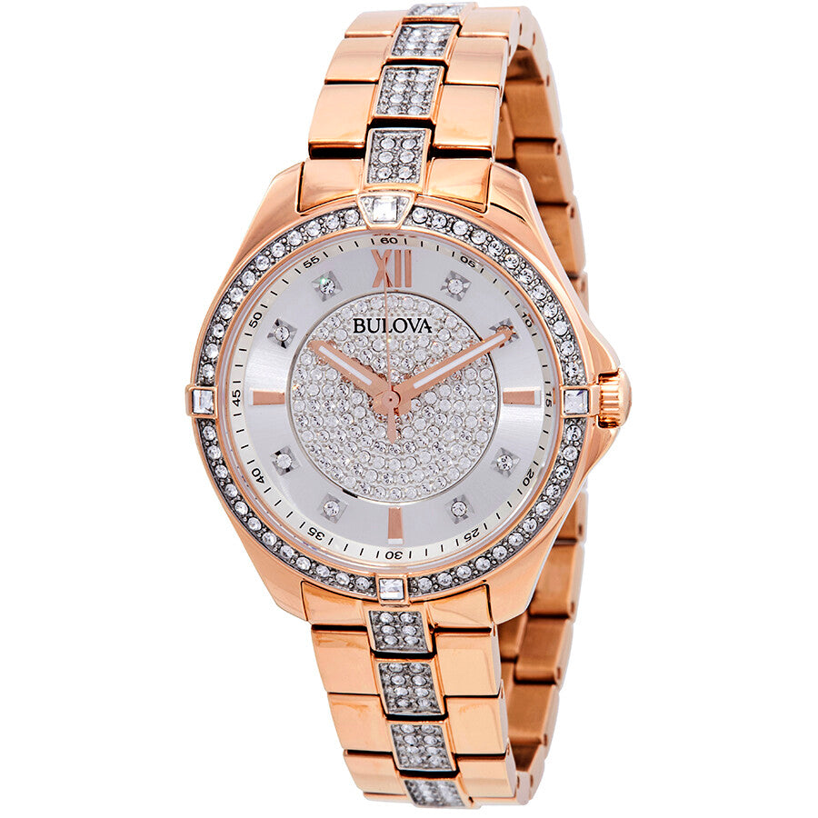 Bulova Crystal Collection Silver Dial Rose Gold Steel Strap Watch for Women - 98L229 Buy Now By Bulova