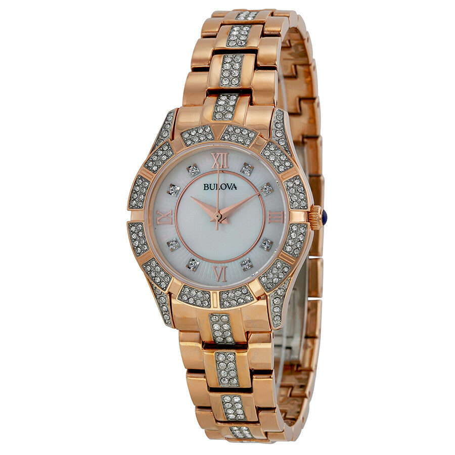Bulova Crystal Mother of Pearl Dial Rose Gold Steel Strap Watch for Women - 98L197 Buy Now By Bulova