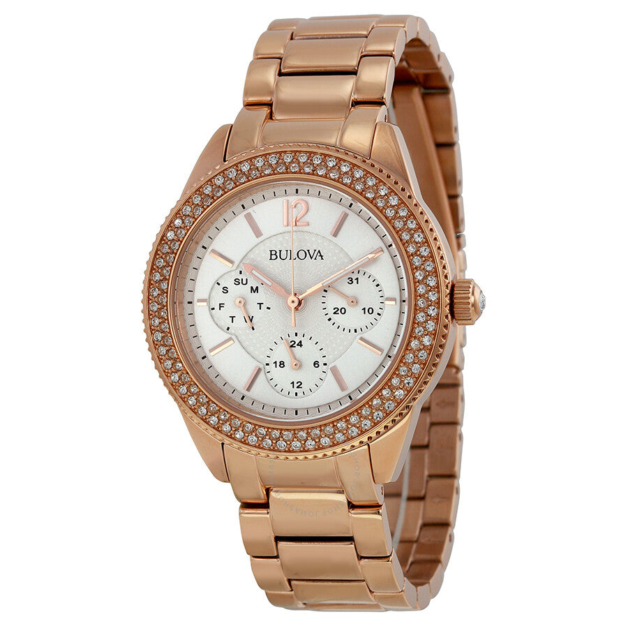 Bulova Crystal Silver Dial Rose Gold Steel Strap Watch for Women - 97N101 Buy Now By Bulova