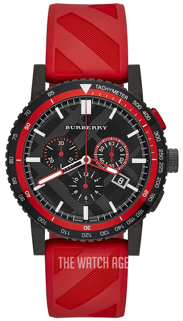 Burberry The City Chronograph Black Dial Red Rubber Strap Watch For Men - BU9805 Buy Now By Burberry