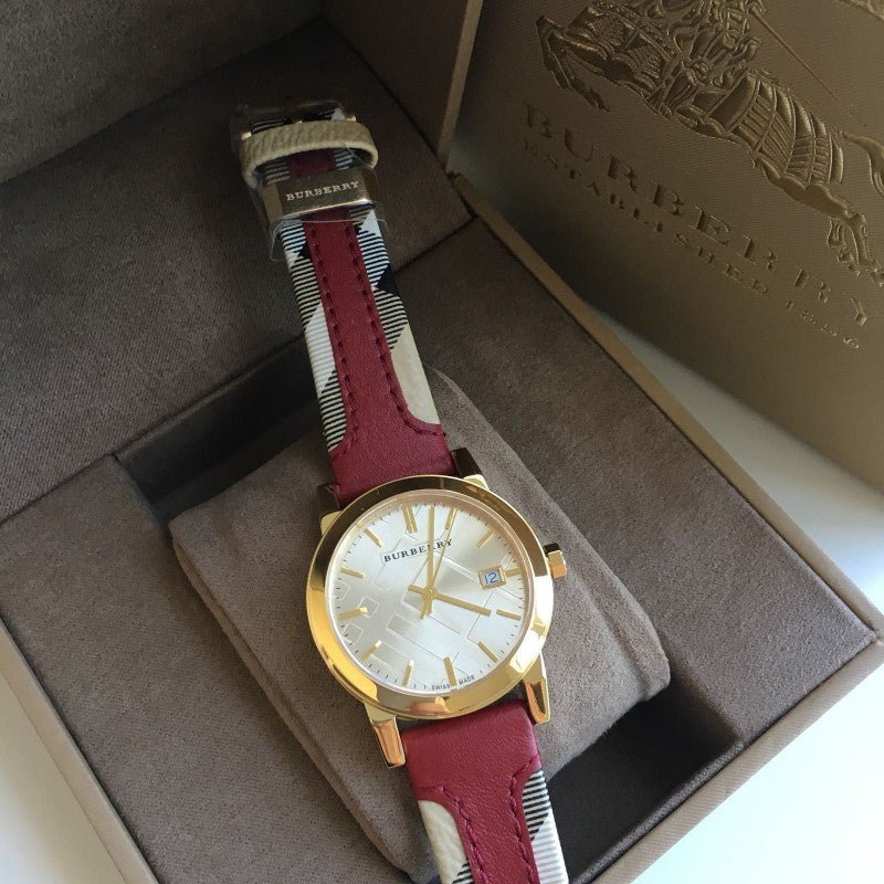 Burberry Heritage Nova Gold Dial Haymarket Red Leather Strap Watch for Women - BU9111 Buy Now By Burberry