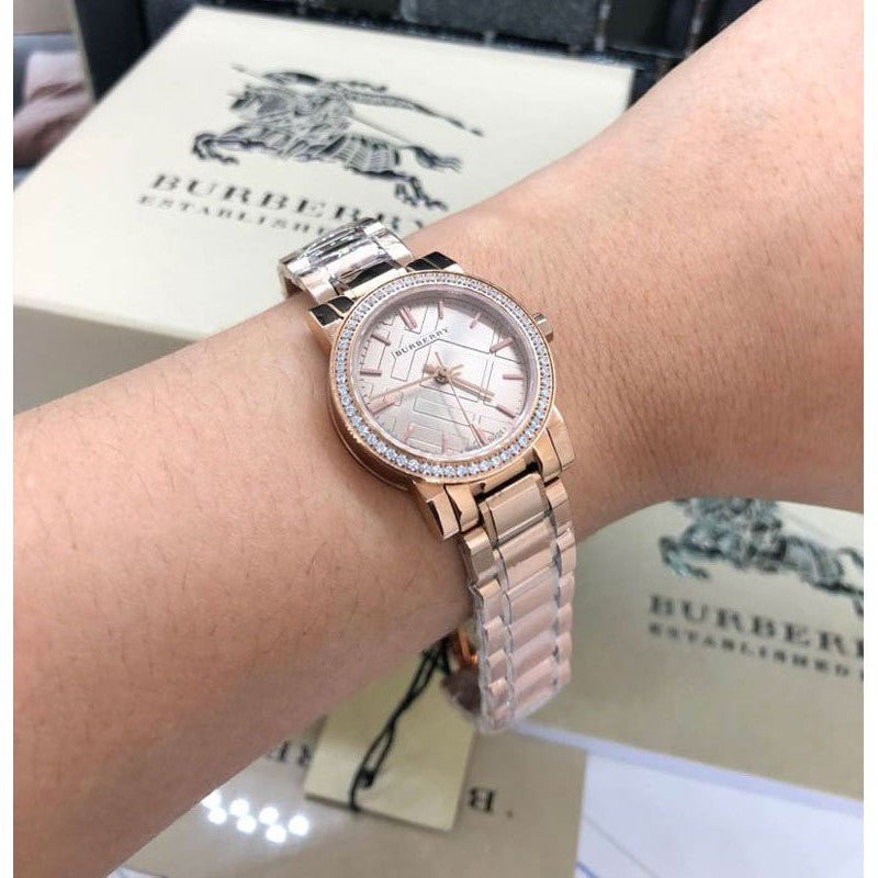 Burberry The City Diamonds Rose Dial Rose Gold Steel Strap Watch for Women - BU9225 Buy Now By Burberry