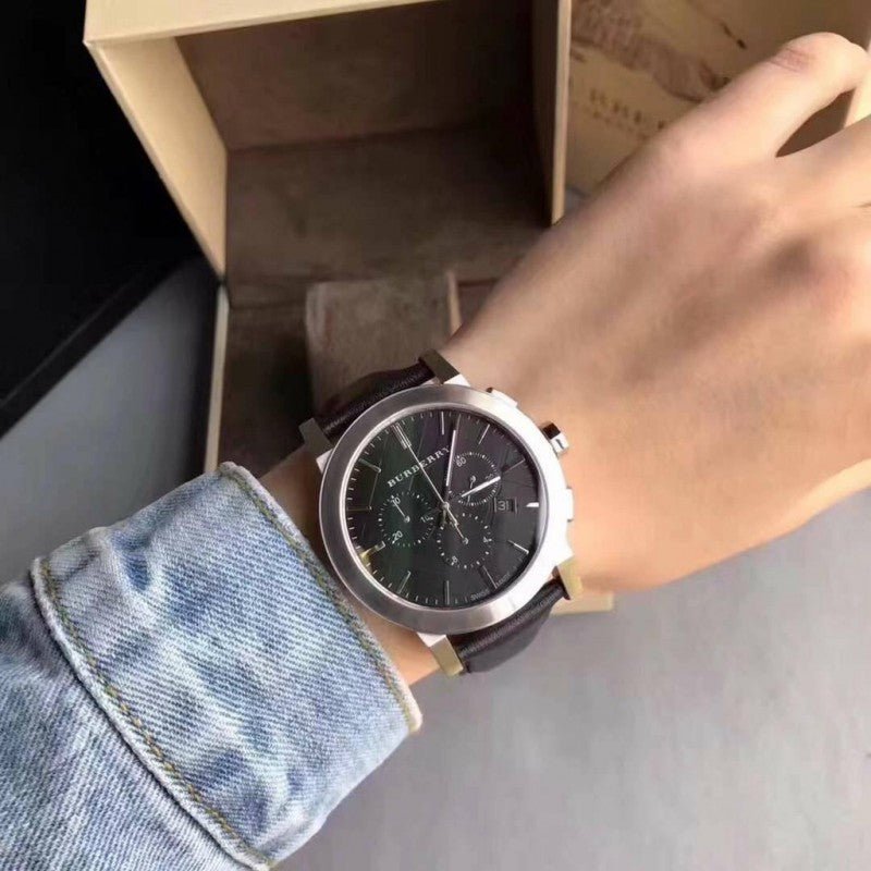 Burberry The City Chronograph Black Dial Black Leather Strap Watch for Men - BU9356 Buy Now By Burberry