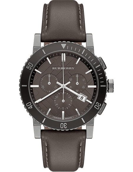 Burberry The City Chronograph Ion Plated Grey Dial Grey Leather Strap Watch for Men - BU9384 Buy Now By Burberry