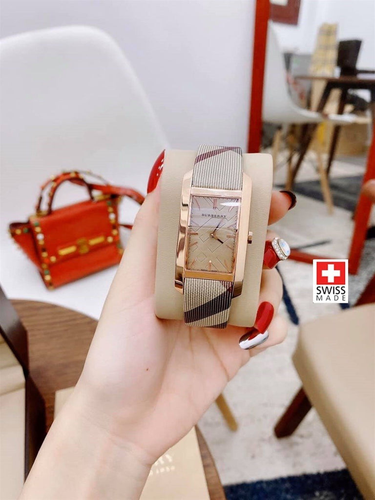 Burberry The Pioneer Rose Gold Dial Haymarket Brown Leather Strap Watch for Women - BU9408 Buy Now By Burberry