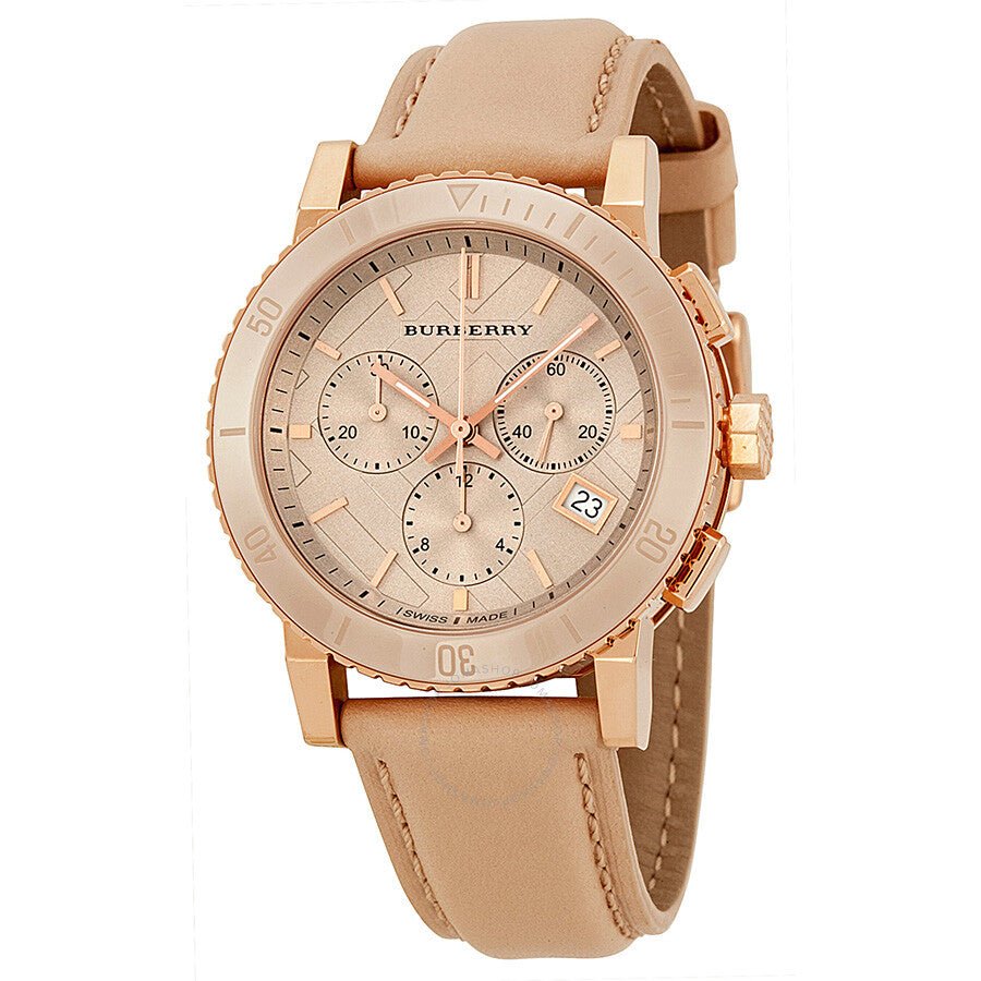 Burberry Chronograph Rose Gold Dial Beige Leather Strap Watch for Women - BU9704 Buy Now By Burberry