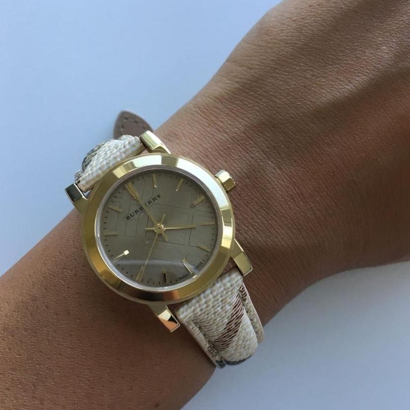 Burberry The City Gold Dial Haymarket Brown Leather Strap Watch for Women - BU9219 Buy Now By Burberry