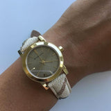 Burberry The City Gold Dial Haymarket Brown Leather Strap Watch for Women - BU9219 Buy Now By Burberry