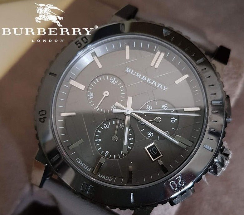 Burberry The City Chronograph Ion Plated Grey Dial Grey Leather Strap Watch for Men - BU9384 Buy Now By Burberry