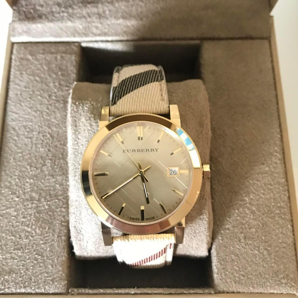 Burberry The City Gold Dial Haymarket Brown Leather Strap Watch for Women - BU9026 Buy Now By Burberry