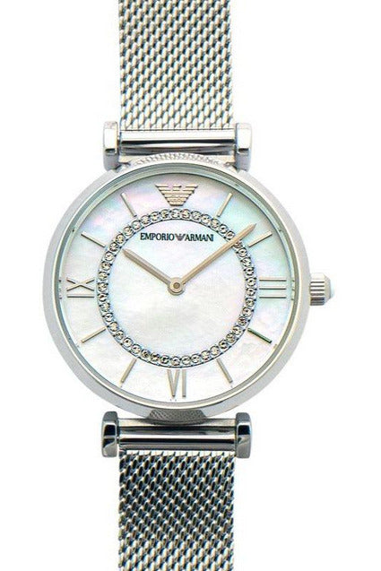 Emporio Armani Gianni T-Bar Quartz Mother of Pearl Dial Silver Mesh Bracelet Watch For Women - AR11319 Buy Now By Emporio Armani