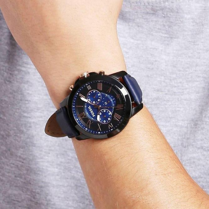 Fossil Grant Chronograph Black Dial Blue Leather Strap Watch for Men - FS5061 Buy Now By Fossil