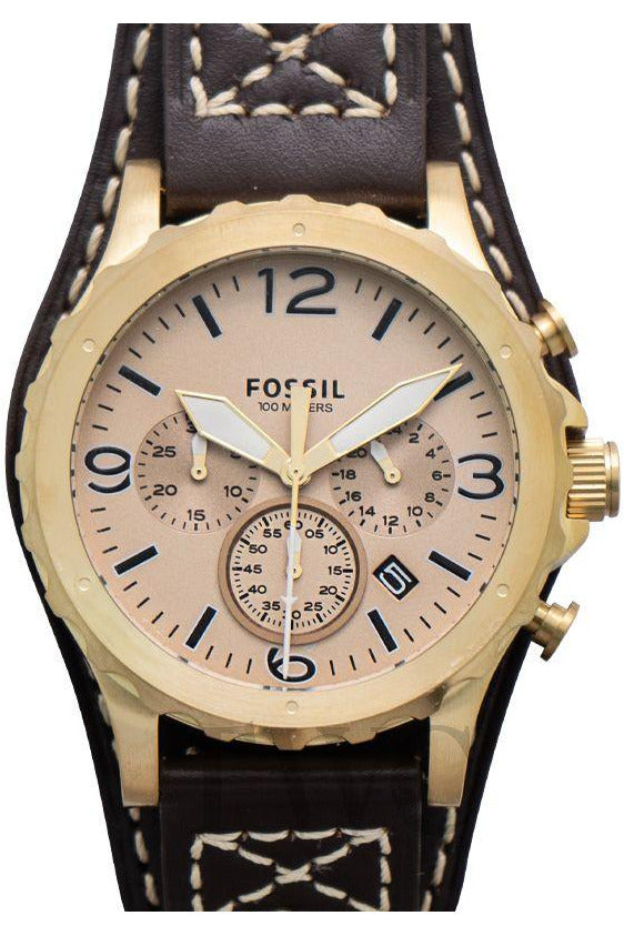 Fossil Nate Chronograph Gold Dial Brown Leather Strap Watch for Men - JR1495 Buy Now By Fossil