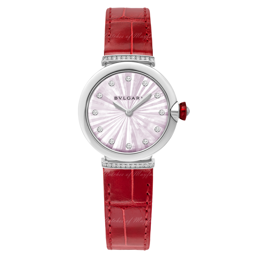 Bvlgari Lvcea Intarsio Diamonds Mother of Pearl Pink Dial Red Leather Strap Watch for Women - LVCEA103619 Buy Now By Bvlgari