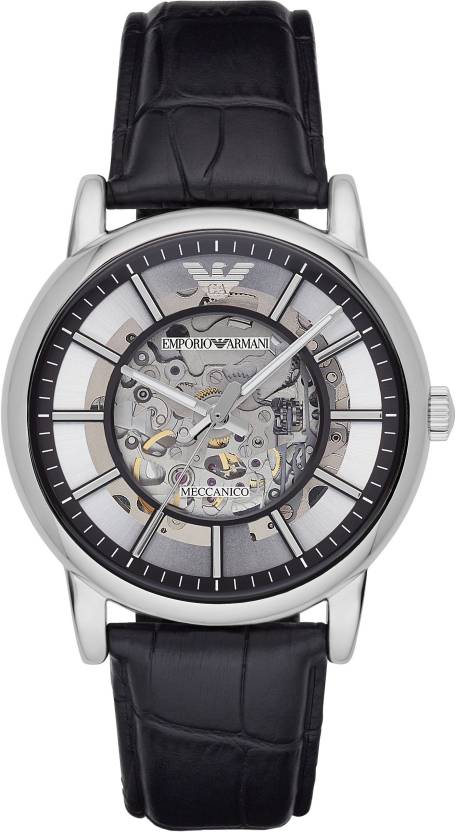 Emporio Armani Luigi Silver Skeleton Dial Black Leather Strap Watch For Men - AR1981 Buy Now By Emporio Armani