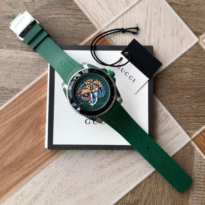 Gucci Dive Tiger Green Dial Green Rubber Strap Watch For Men - YA136316 Buy Now By Gucci