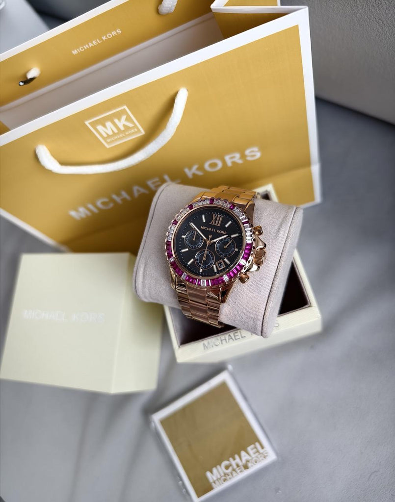 Michael Kors Everest Chronograph Black Dial Rose Gold Steel Strap Watch for Women - MK6972