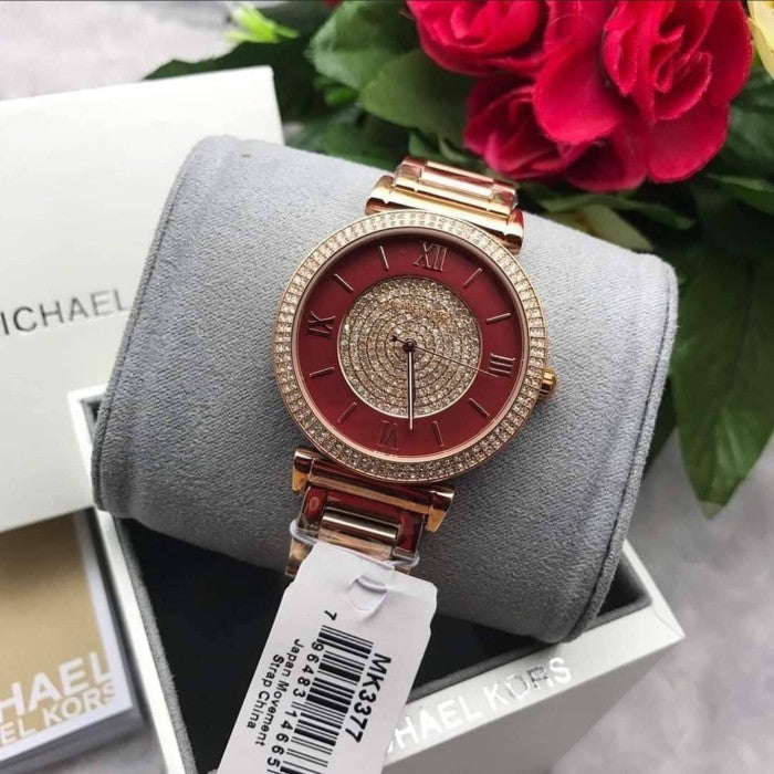 Michael Kors Caitlin Red Dial Rose Gold Stainless Steel Strap Watch for Women - MK3377 Buy Now By Michael Kors