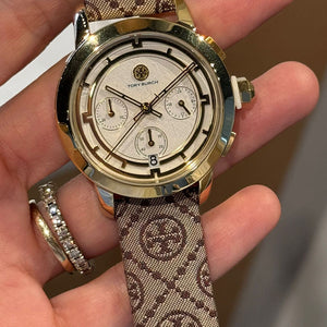Tory Burch The Tory Chronograph White Dial Maroon Jacquard Strap Watch for Women - TBW1051 Buy Now By Tory Burch