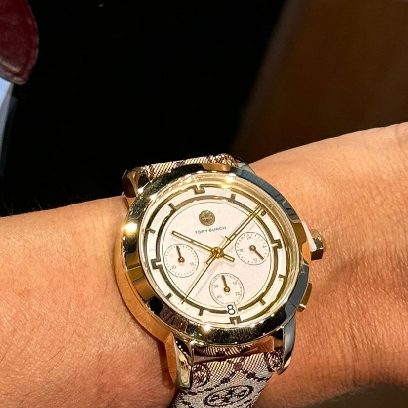 Tory Burch The Tory Chronograph White Dial Maroon Jacquard Strap Watch for Women - TBW1051 Buy Now By Tory Burch