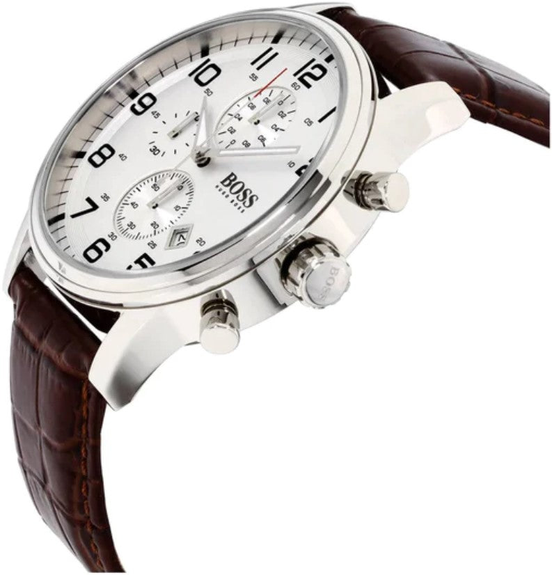 Hugo Boss Aeroliner Chronoraph White Dial Brown Leather Strap Watch For Men - HB1512447 Buy Now By Hugo Boss