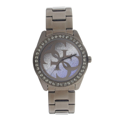 Guess G Twist Diamonds Purple Dial Black Steel Strap Watch For Women - W1201L4 Buy Now By Guess