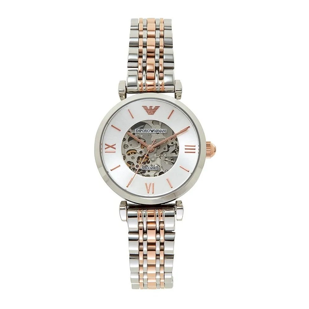Emporio Armani Gianni T Bar Silver Skeleton Dial Two Tone Strap Watch For Women - AR1992 Buy Now By Emporio Armani