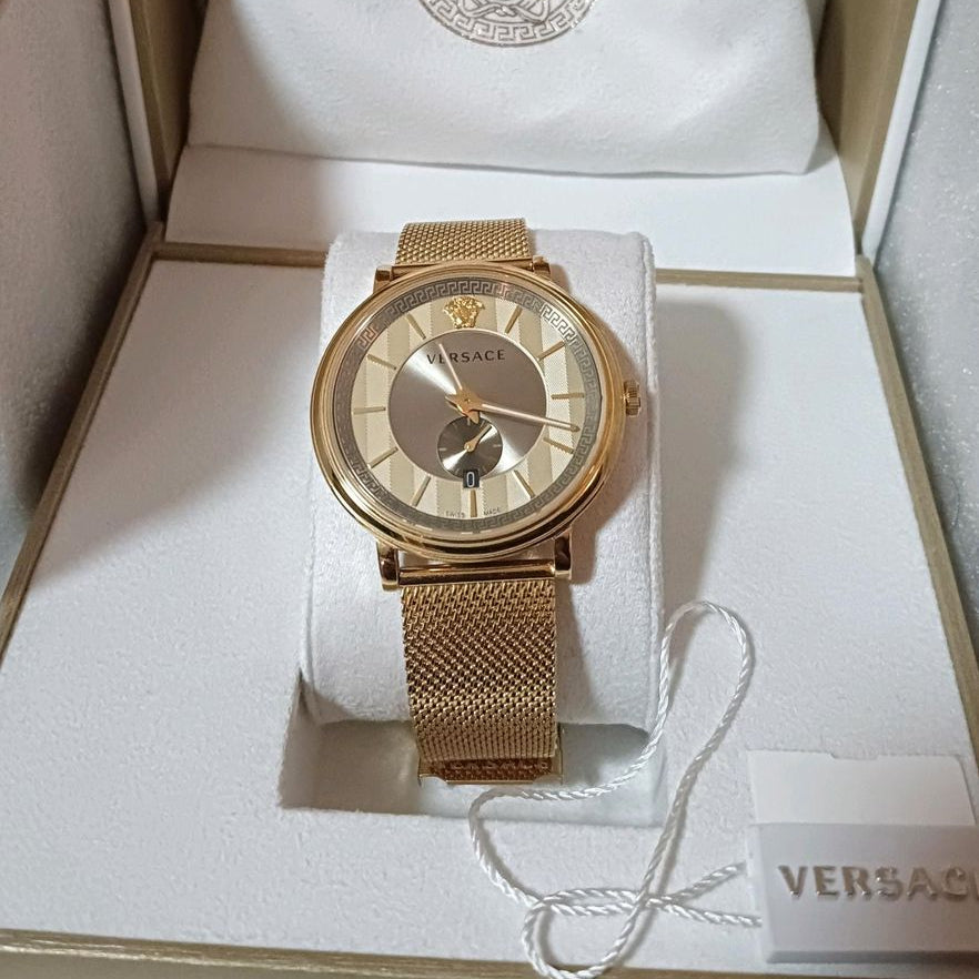 Versace V Circle Quartz Gold Dial Gold Mesh Bracelet Watch For Men - VBQ070017 Buy Now By Versace